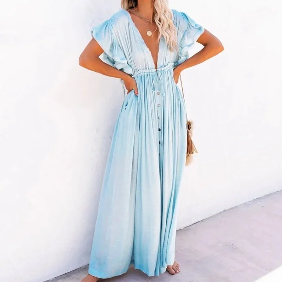Dresses | Light Blue Gauze Boho Button Maxi Dress | Poshmark